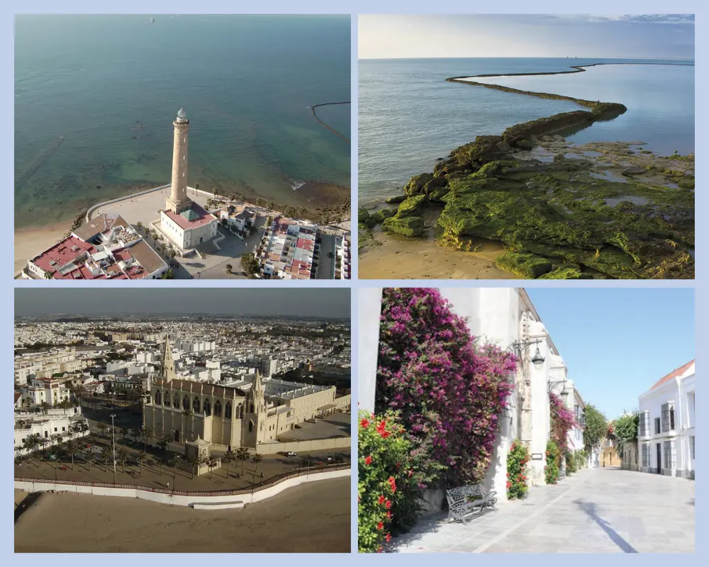 Chipiona, Cádiz. Faro de Chipiona, Santuario de la Virgen de Regla, Corrales de pesca, Calle con flores Chipiona, Cádiz. Faro de Chipiona, Santuario de la Virgen de Regla, Corrales de pesca, Calle con flores