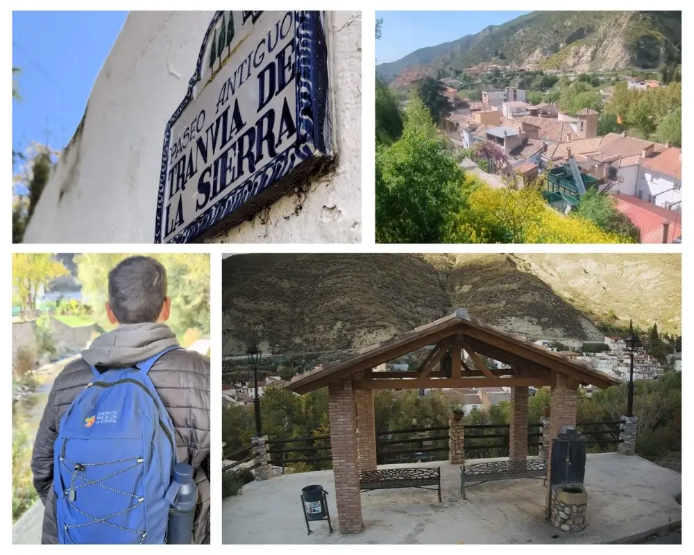 Pinos Genil, Pueblos Mágicos de España Collage de senderismo en Pinos Genil, por el camino del Tranvía de la Sierra, vistas panorámicas desde el Mirador y senderista con mochila de Pueblos Mágicos