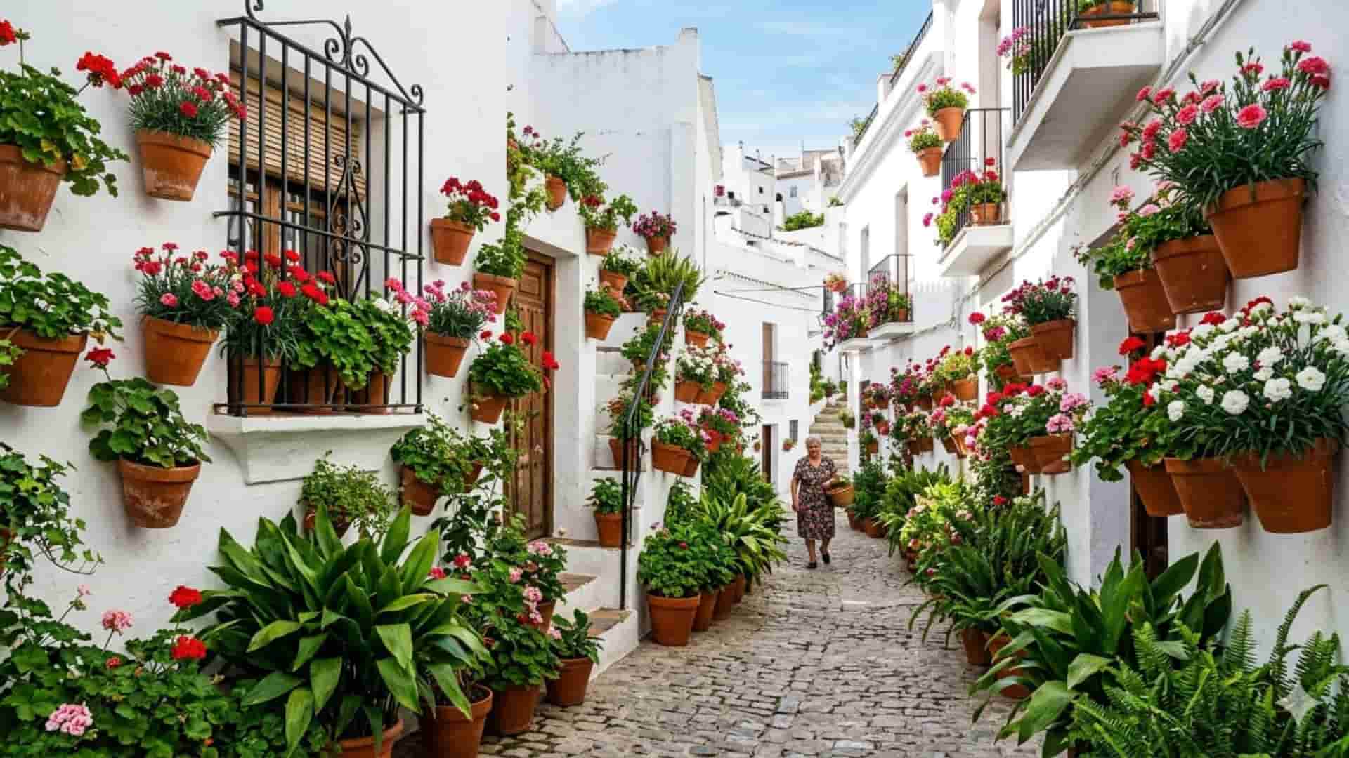 Bello Pueblo Mágico de Málaga , Canillas de Aceituno en Andalucía lleno de macetas