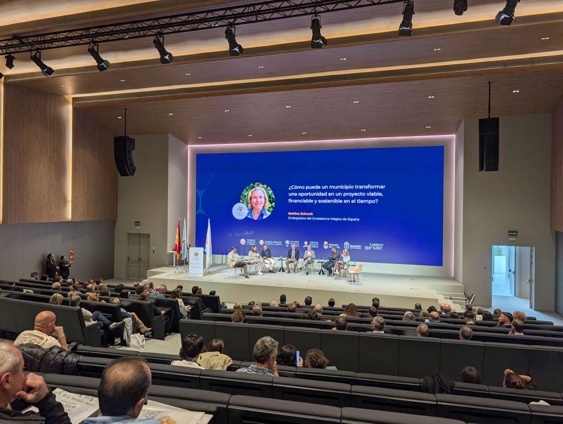 Vista del auditorio durante el diálogo sobre proyectos viables, financiables y sostenibles, con una pregunta a Bettina Schreck en pantalla